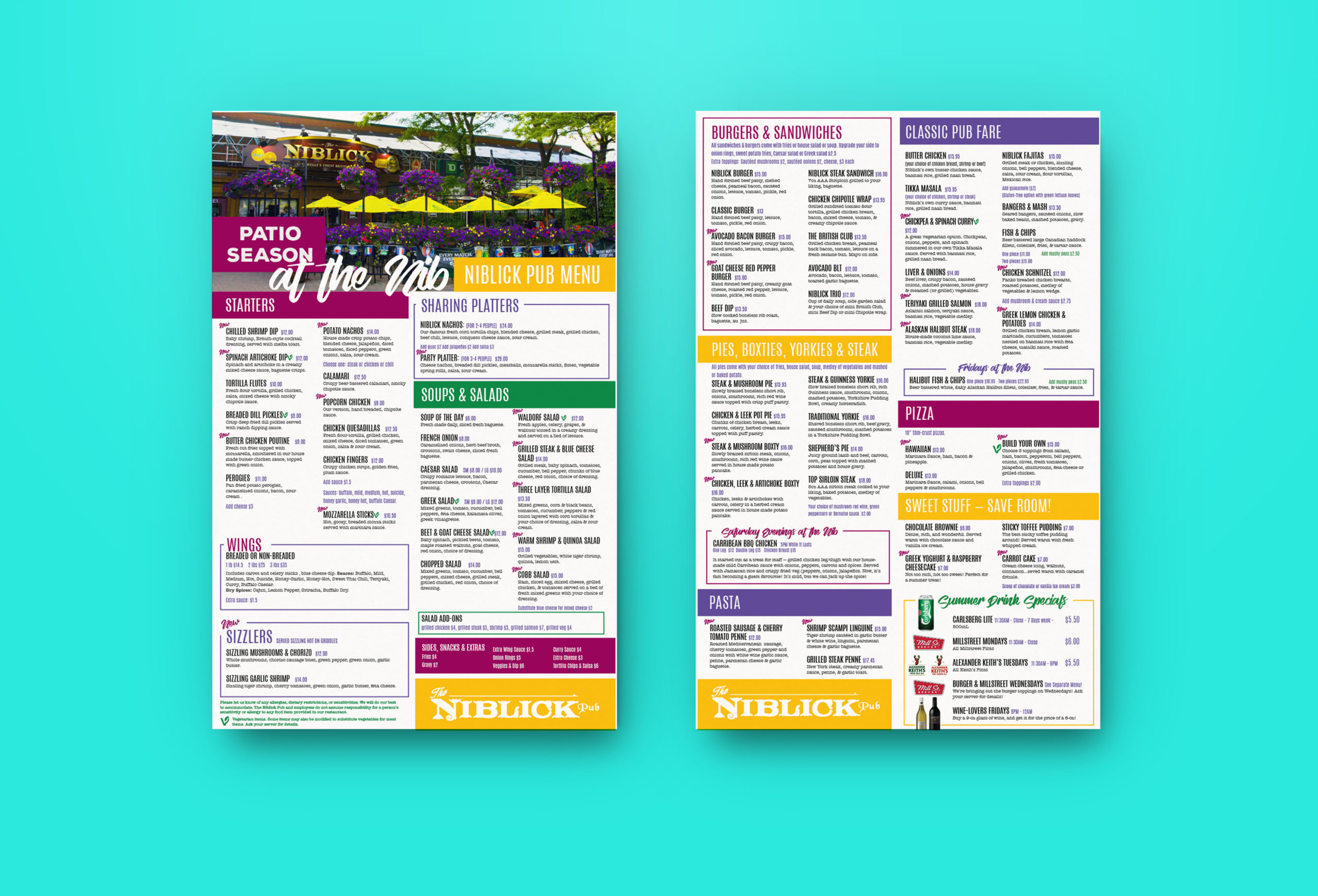 Sample menu - niblick pub summer menu. Image shows both sides of the menu.