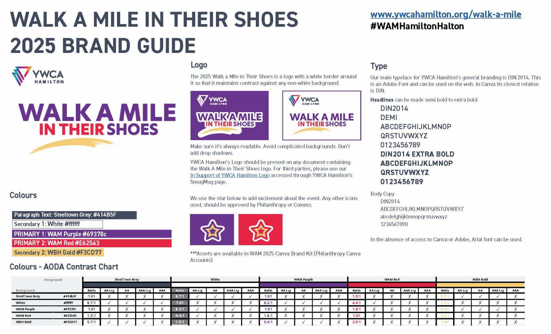One pager brand guide for Walk a Mile in Their Shoes 