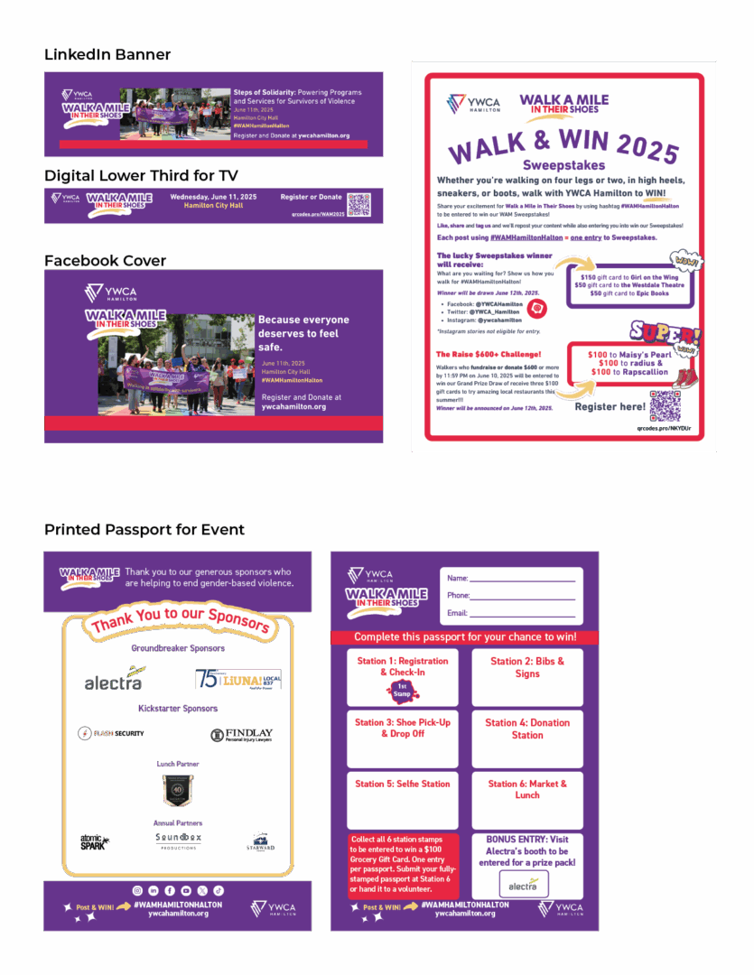 “Collage showcasing Walk a Mile in Their Shoes event branding, including the refreshed event logo, large printed banners, donor signage, social media graphics, website banners, and event-day photography templates, all featuring bold red, purple and white typography with inclusive design elements.”
